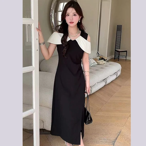 D&Q STUDIO 2025夏季新款法式高级感撞色露肩拼接显瘦连衣裙女