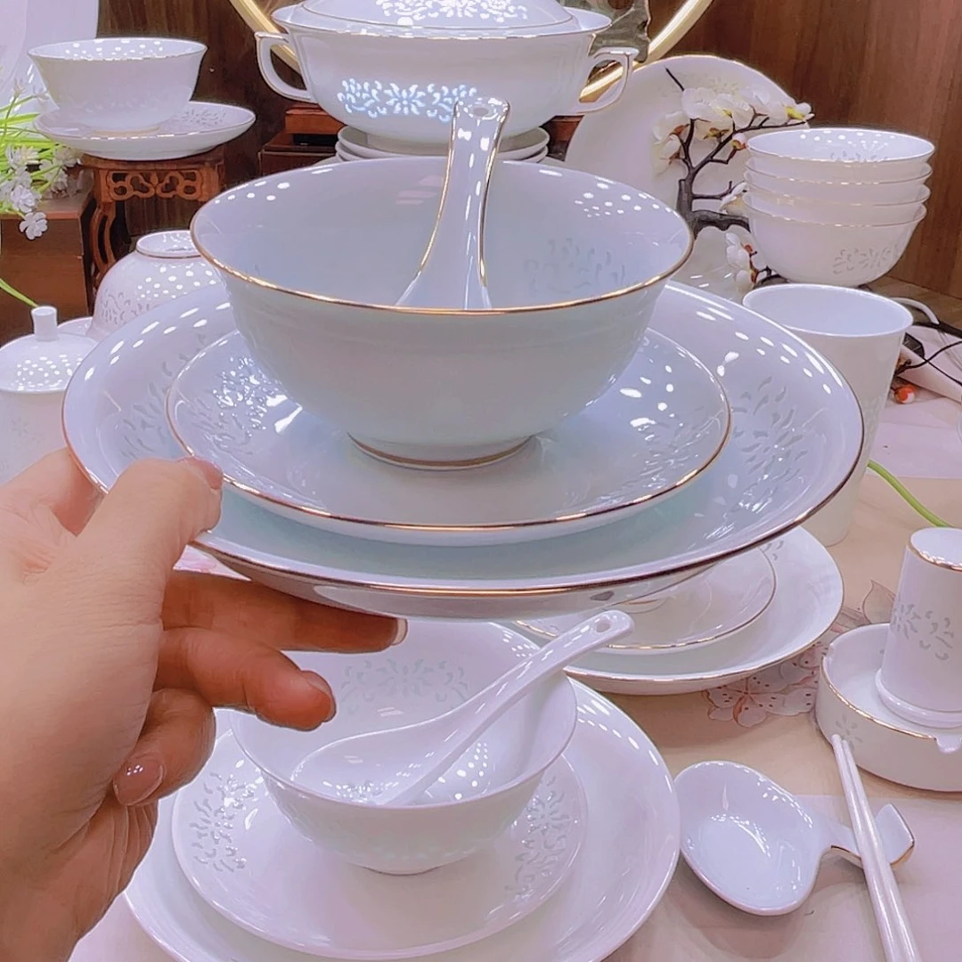 瓷景德镇陶瓷玲珑瓷青釉套装