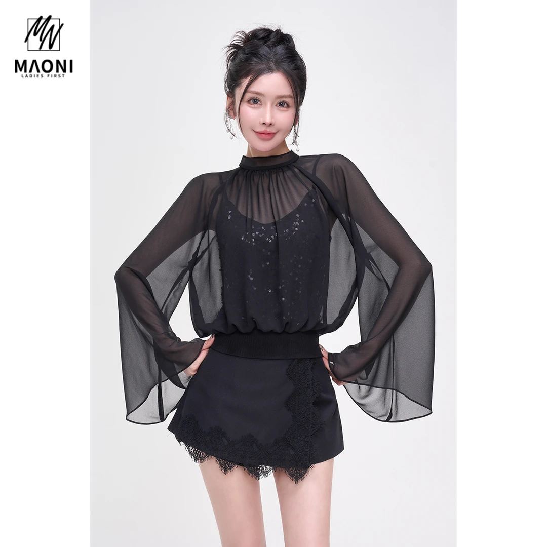 毛妮Peshe【钓系假两件上衣】甜辣亮片吊带网纱性感气质上衣春L1466