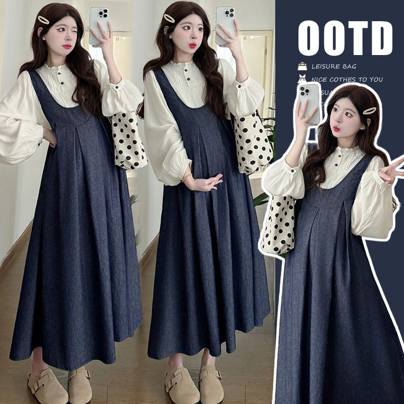 YNVO时尚~秋季新品韩版衬衣+牛仔背带裙大码显瘦孕妇套装