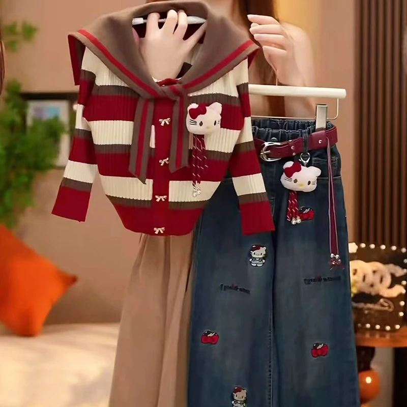 女童海军领条纹毛衣套装春秋2025新款儿童秋装中大童牛仔裤两件套