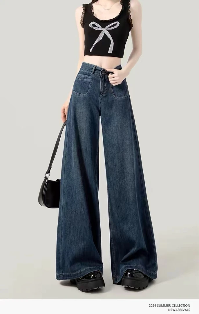 浅蓝色阔腿裤牛仔裤女2025春秋新款显瘦高腰