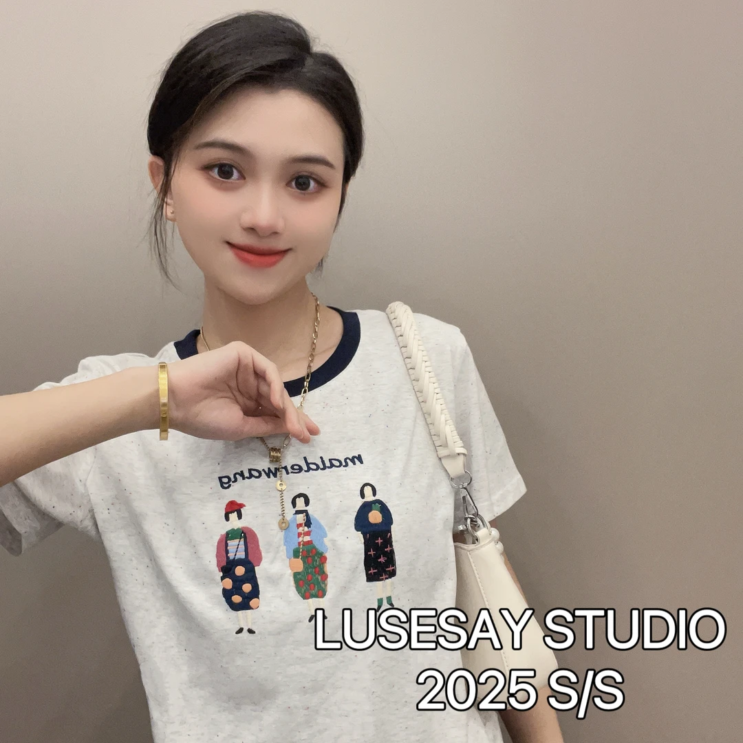 LUSESAY 拼接圆领刺绣女孩 2025新款 短袖T恤女百搭休闲时尚