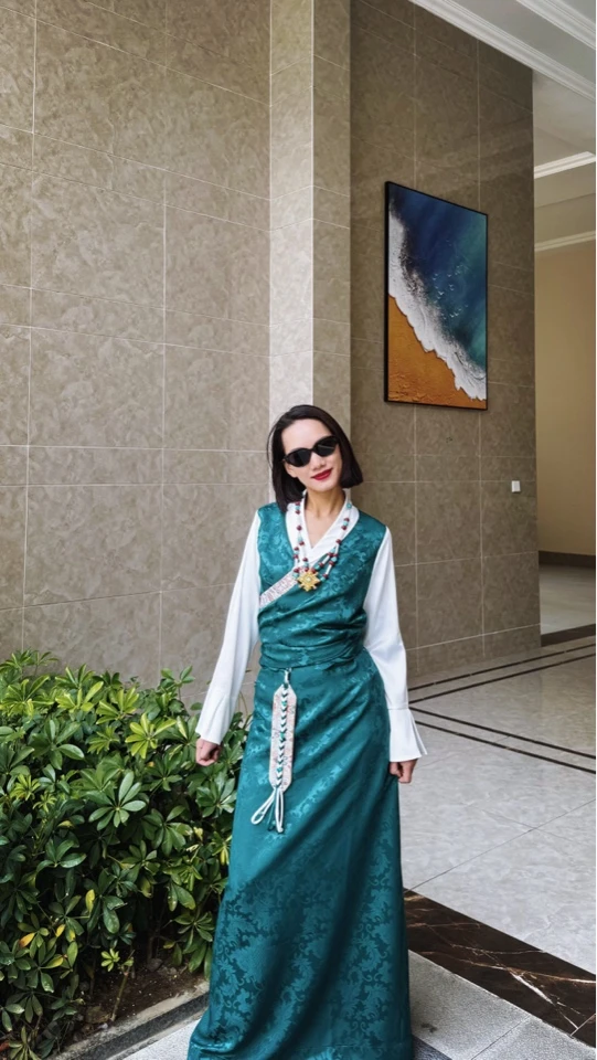 夏季新款假两件西藏服【孔雀绿】西藏服博拉裙女士传统长款气质藏式