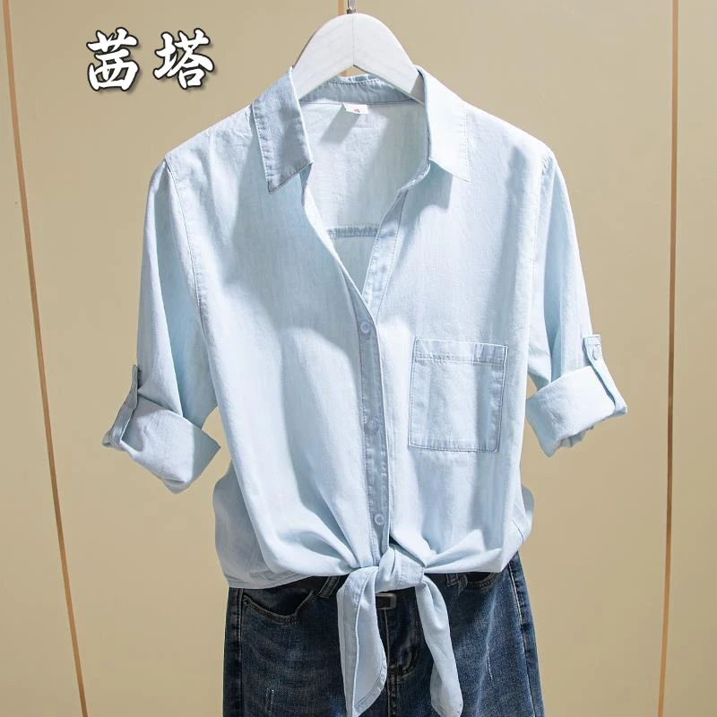 衬衫式短外套女下摆打结牛仔披肩衬衣女夏季薄款V领短袖罩衫透气