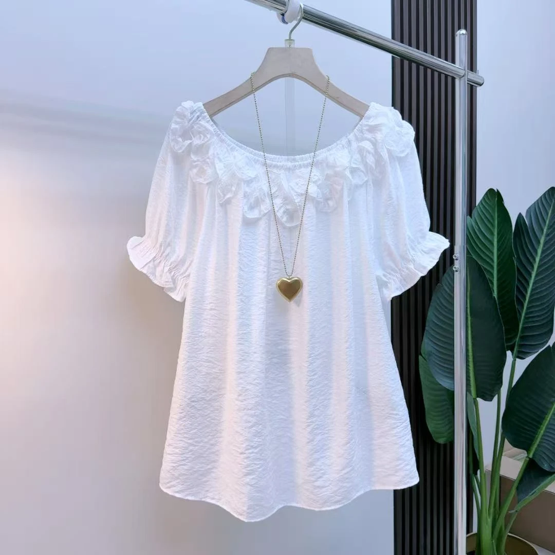 胖mm时尚气质显瘦遮肉减龄百搭韩版2597一字肩宽松甜美夏季半袖