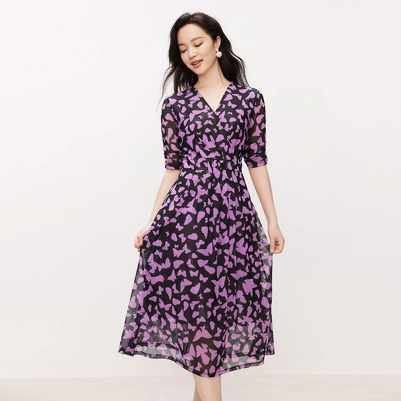 珂莱蒂尔碎花时尚气质连衣裙2025春夏收腰日常中长款KF12198S5