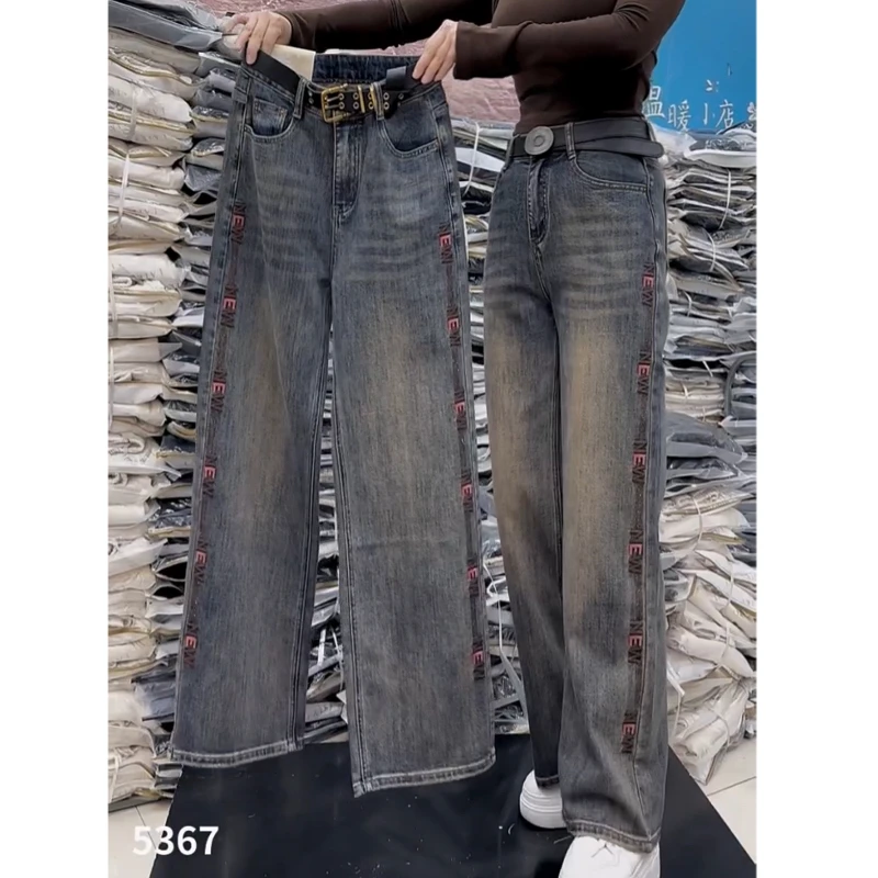 新款重工烫钻刺绣弹力牛仔直筒裤无腰带爆款百搭洋气高腰遮肉显瘦