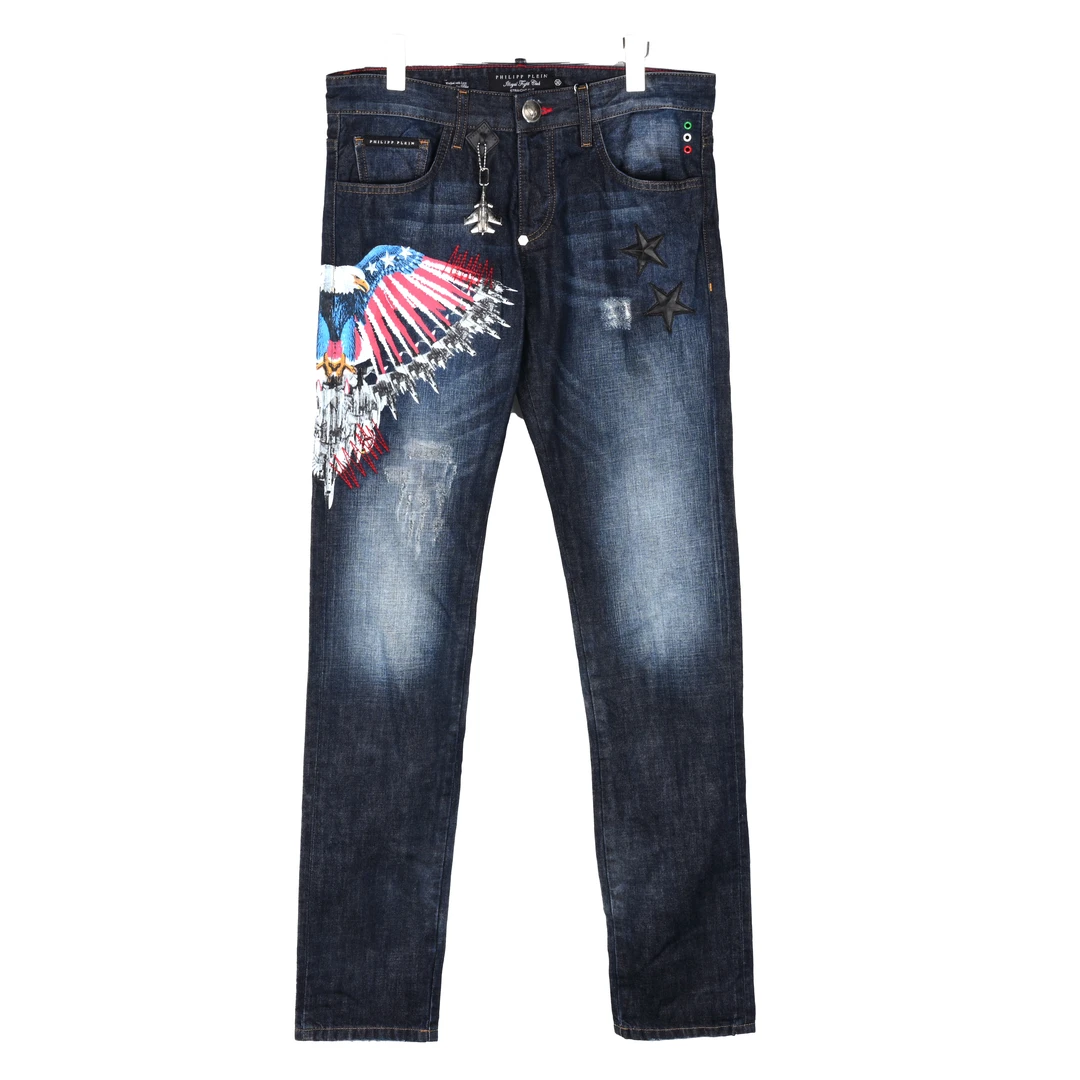 PHILIPP PLEIN 男士彩色印花蓝色直筒牛仔裤 HD10042414AC