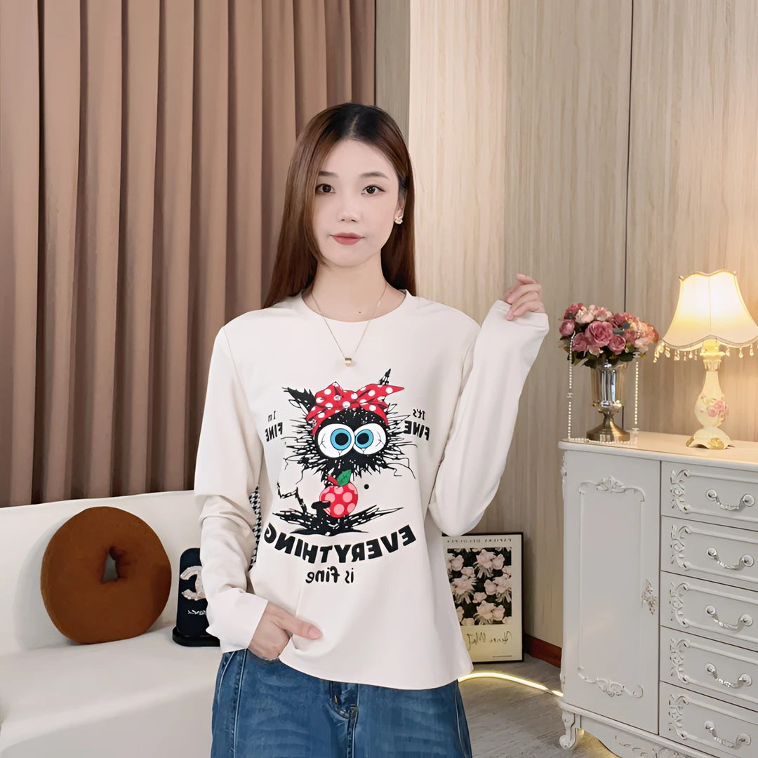 【乐天喵】欧美风秋冬新款长袖T恤女修身显瘦圆领百搭打底668D18