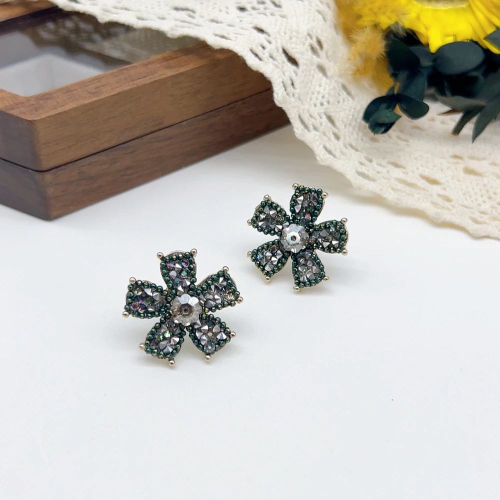 铜合金仿水晶耳饰 银针 02917 好啊商店 水J花花耳钉-绿