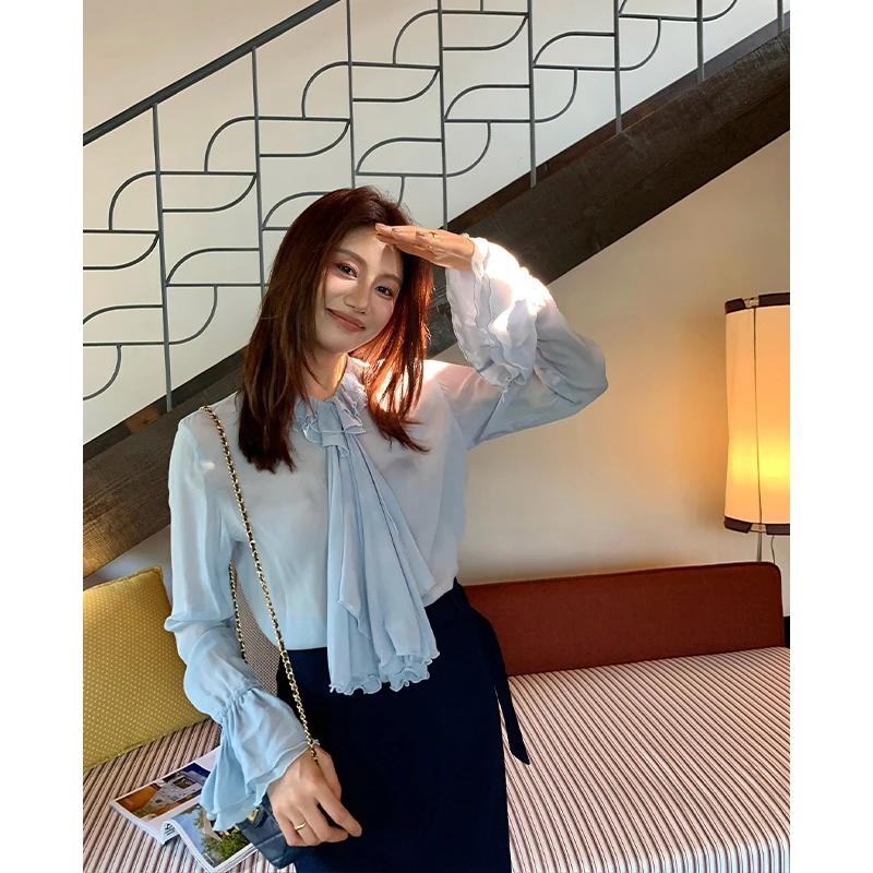 【ALONE SAVOR】龍喜儿蓝屿 早秋轻奢设计感花边衬衫K102
