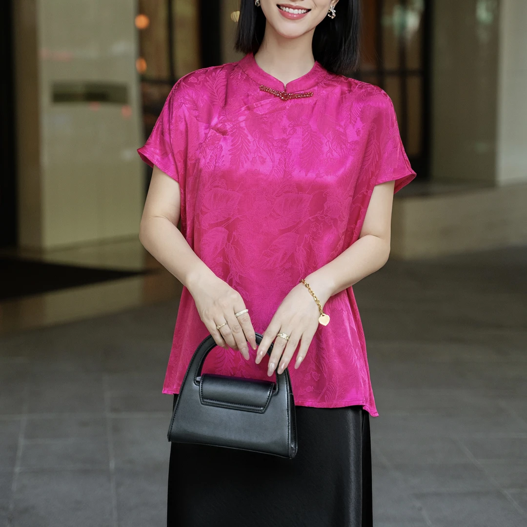 《依家推荐》立领中国风气质夏季时尚显瘦百搭斜巾树叶花提花衬衫