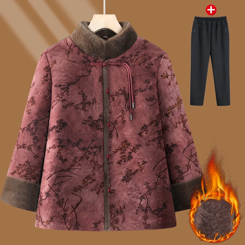 中老年人冬季印花保暖棉袄加绒加厚唐装棉服奶奶时尚舒适洋气外套