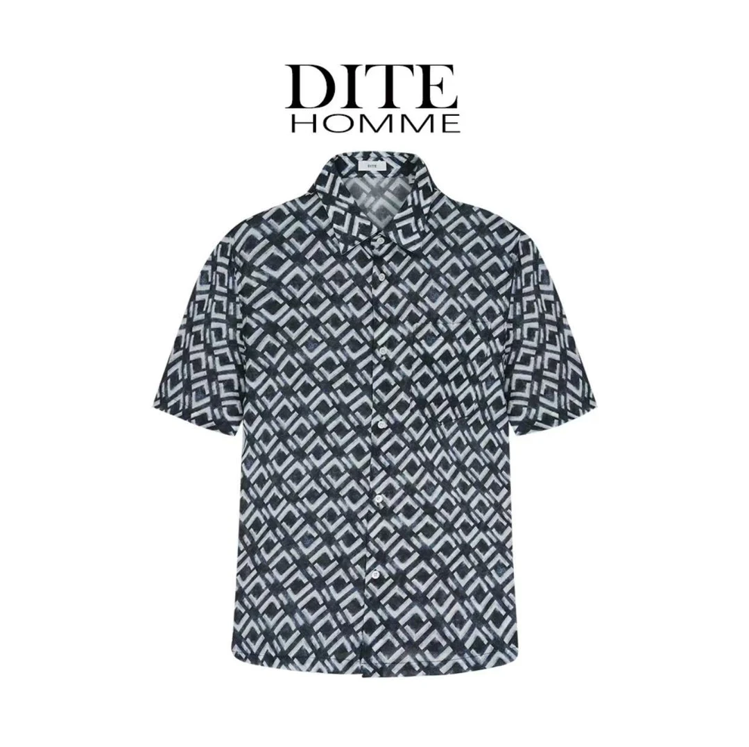Dite迪特男士夏季休闲格纹满印提花时尚短袖衬衫舒适百搭