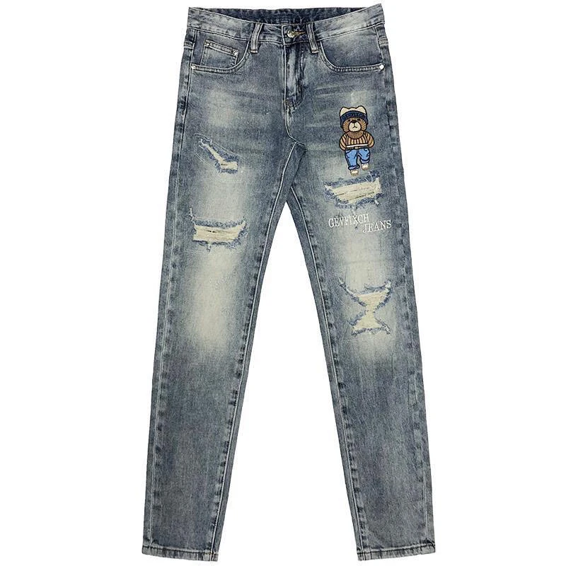 夏季薄款破洞刺绣牛仔裤男款潮牌修身直筒弹力潮流2025新款长裤子