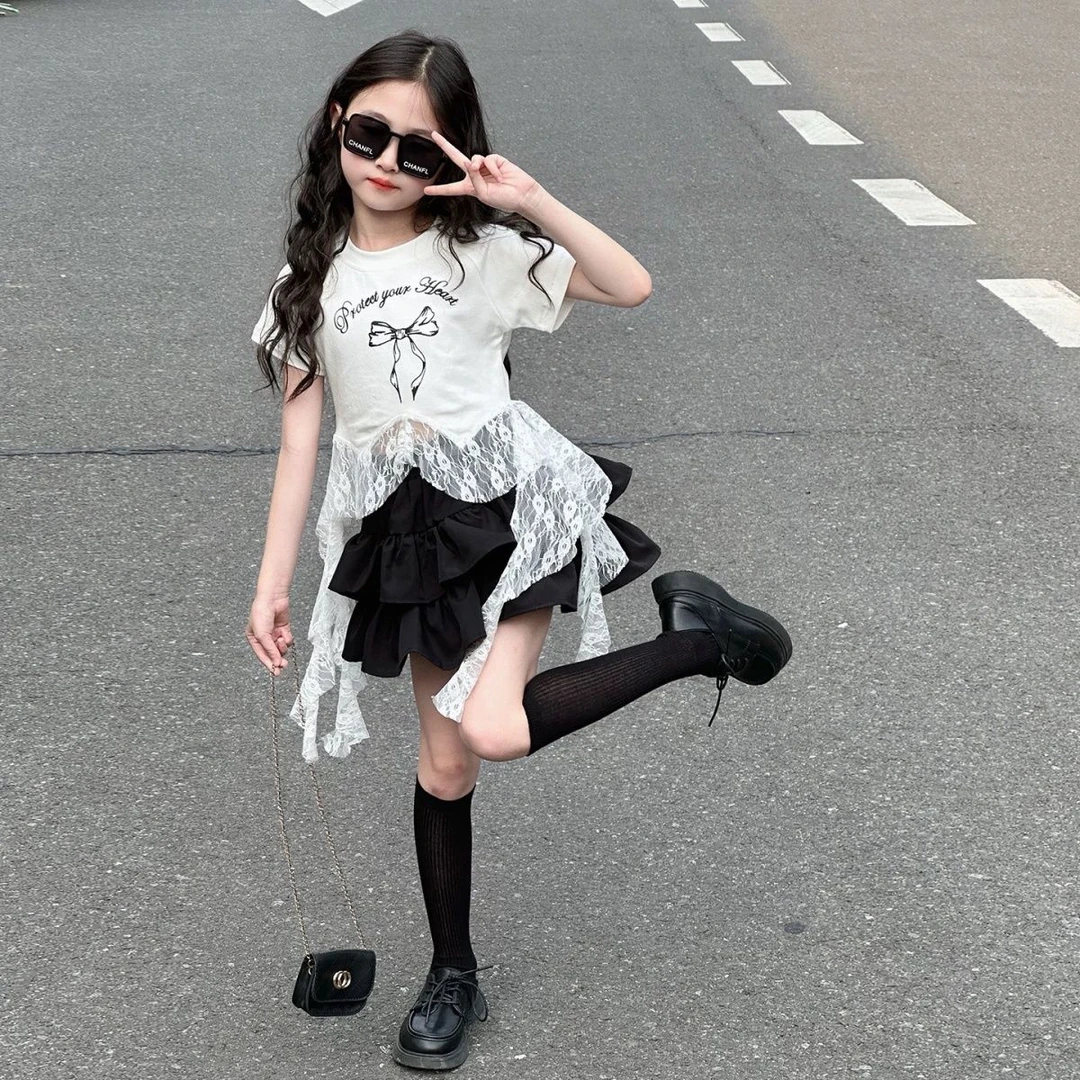 女童套装2025夏季新款儿童洋气飘带短袖蛋糕裙女孩潮酷百搭两件套