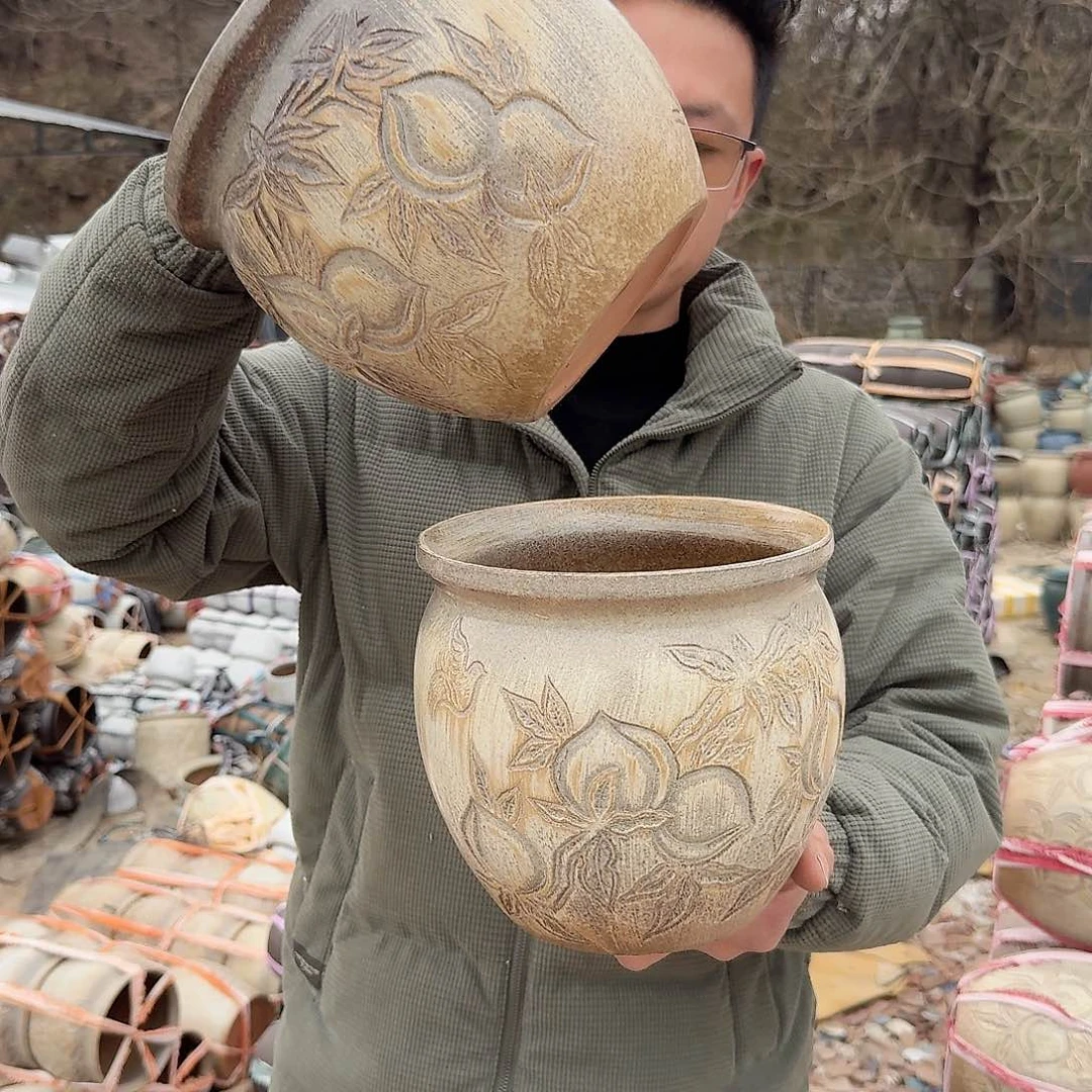 紫砂花盆口20高19（两个桃子柴烧