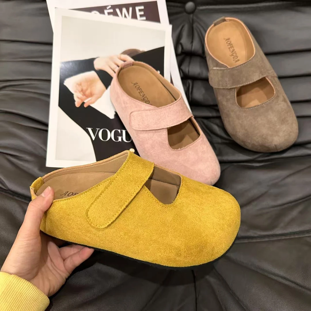 内增高平底鞋复古时尚包头夏季纯色半拖方头修面包头拖极简风