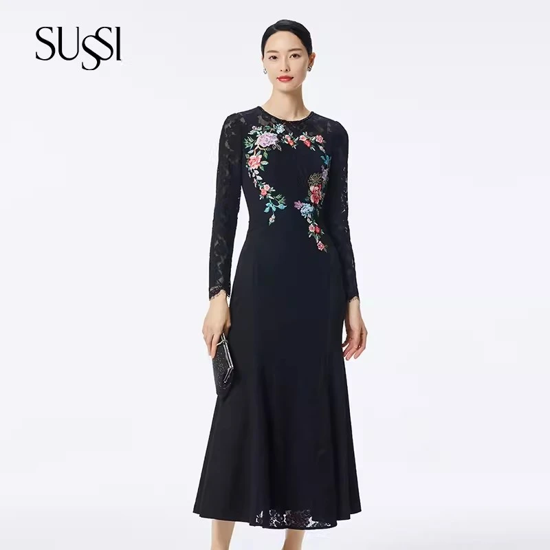 【繁花如梦】SUSSI/古色黑色蕾丝拼醋酸贴花中长款鱼尾连衣裙礼服