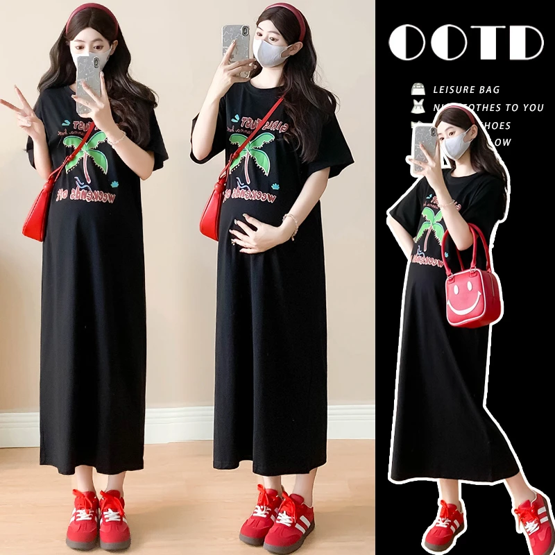 孕妇连衣裙2025夏季新款时尚大码长款纸片人学院风印花钉珠短袖女