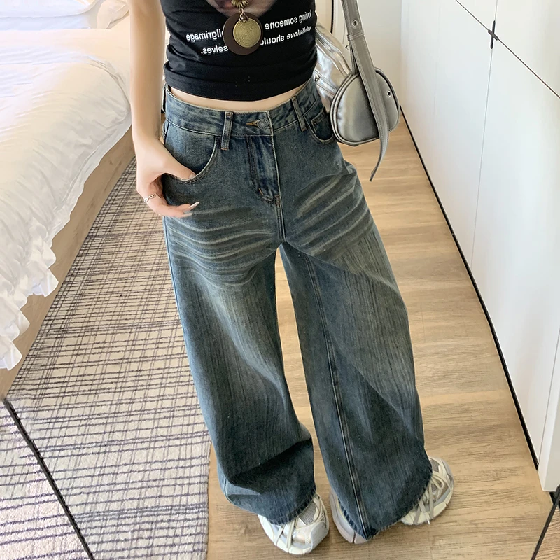 韩版设计条纹阔腿牛仔裤女2025秋季新款复古高腰直筒宽松拖地裤子