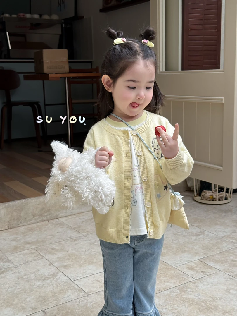 苏右 25春季新款女童小童韩版卡通针织开衫外套T恤喇叭牛仔裤