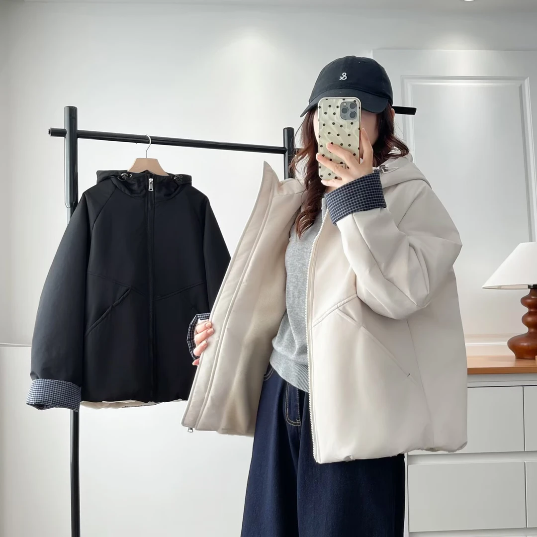 保暖连帽夹棉外套女加绒宽松显瘦百搭休闲短款棉服加厚冬季大码