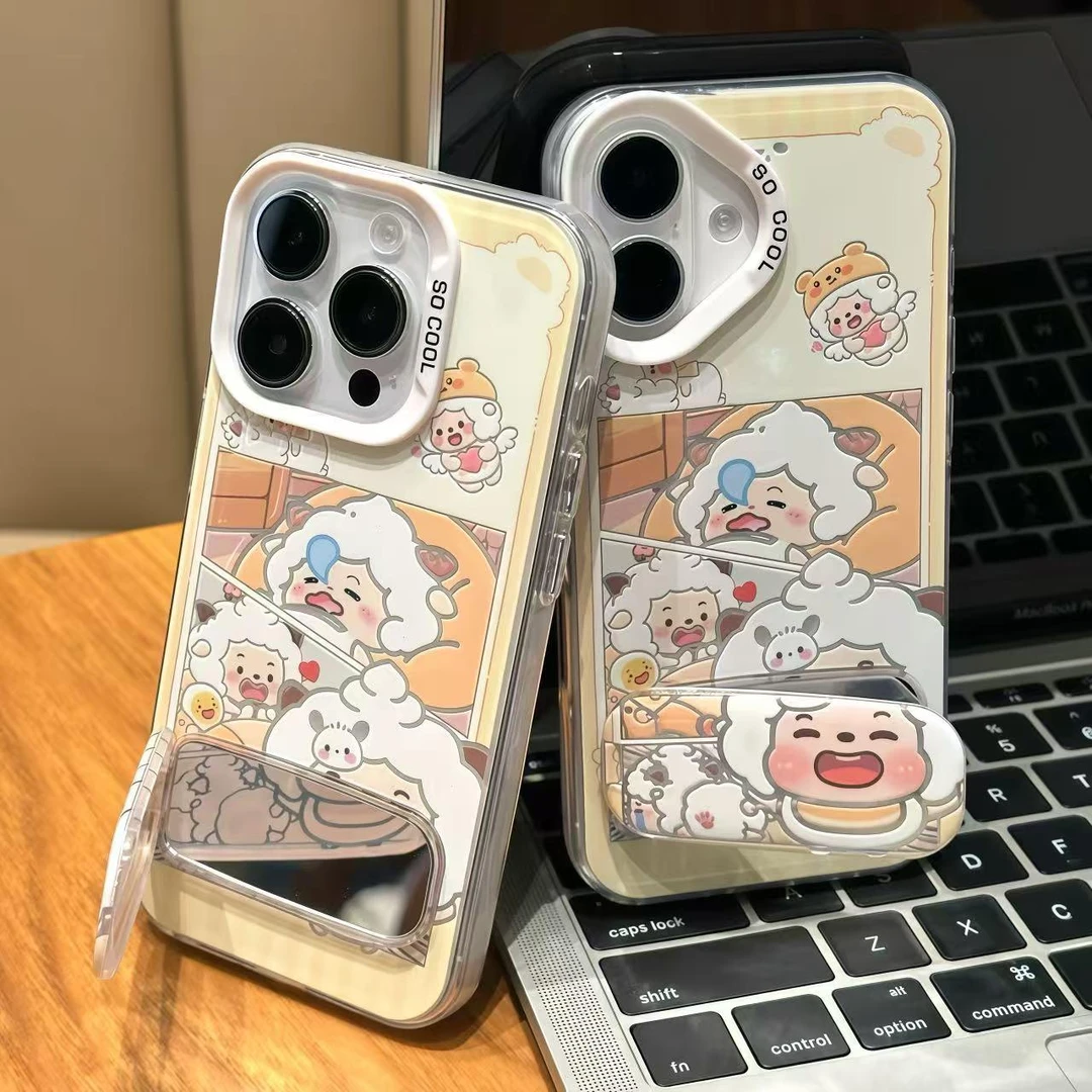 适用苹果15/16可爱卡通小羊支架手机壳华为mate70卡通软nova14软