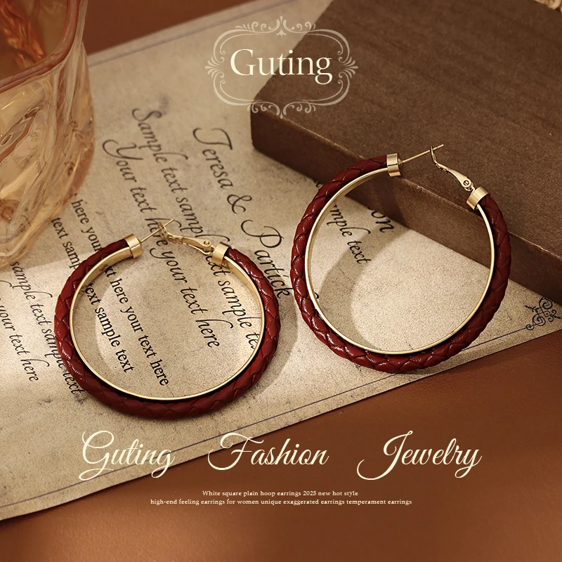 铜合金耳饰 22144酒红色编织纹理大圈耳环方圆脸女高级感耳钉耳饰