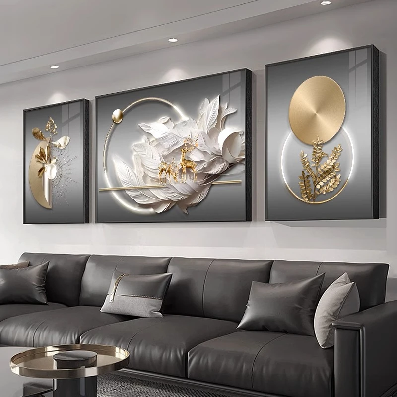 轻奢高档羽毛客厅装饰画抽象几何沙发背景墙挂画招财福鹿三联壁画