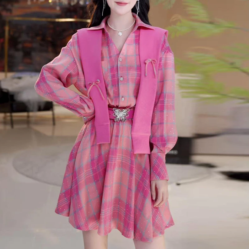 韩系甜美减龄套装女2025春秋新款收腰格子长袖连衣裙子披肩两件套