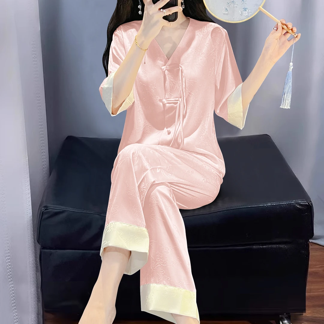 高级感2025年新中式国风提花冰丝睡衣女士盘扣开衫长裤薄款家居服