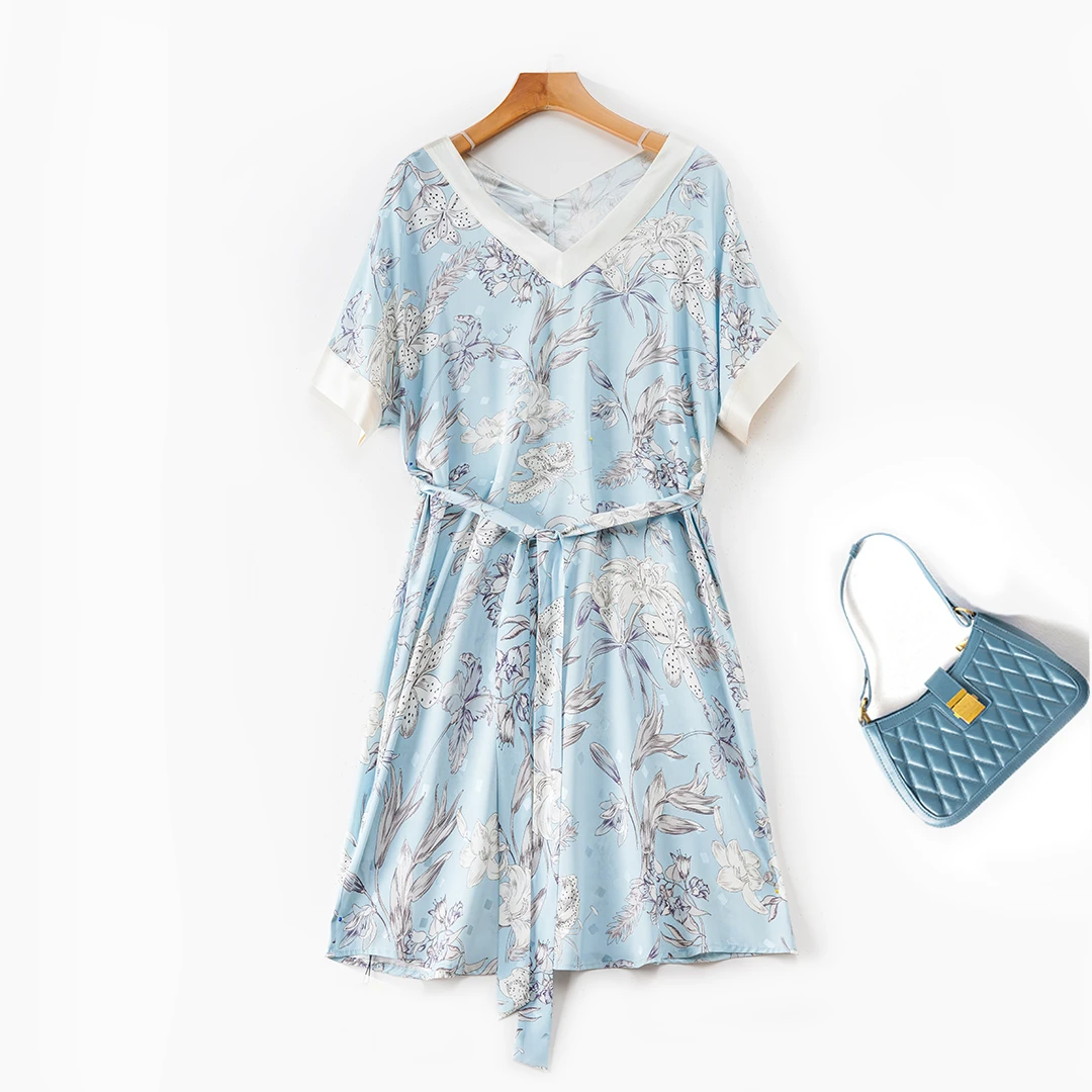 无品牌92%桑蚕丝弹力桑波缎高端女装V领套头腰带显瘦宽松真丝睡衣