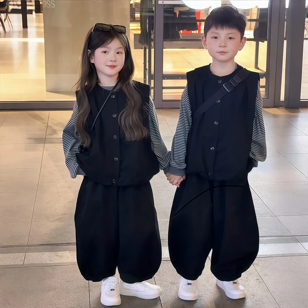 女童套装春秋款2025新款兄妹装洋气时髦女孩秋季马甲巨好看三件套