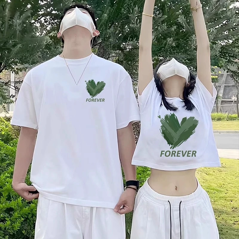 一长一短款情侣装短袖2025新款一男一女网红夏天款设计感小众t恤