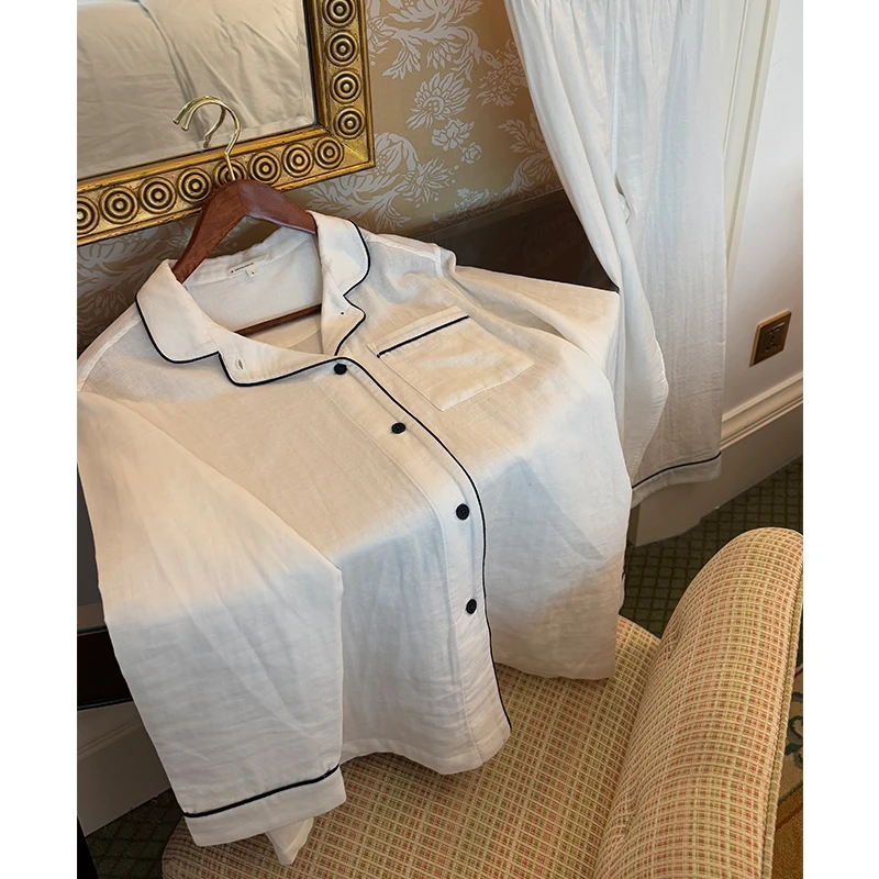 米诗缇【简约白双层棉纱套装】小众设计可外穿无侧缝长袖长裤家居服