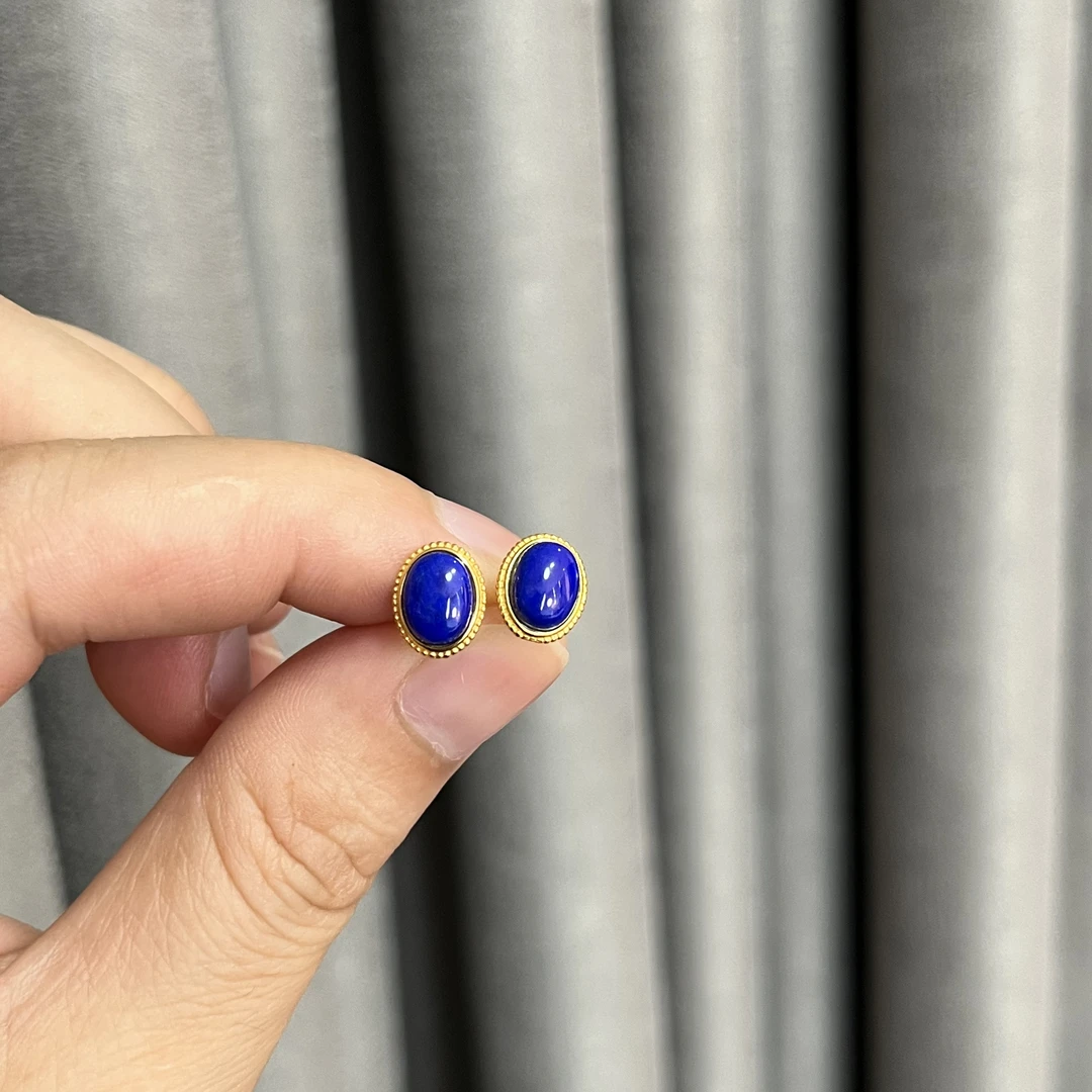 青金石椭圆蛋面S925银耳钉约6*8mm