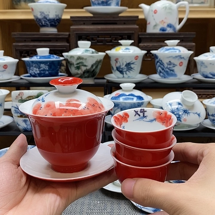 手绘龙船花盖碗➕同款4杯釉下彩高温瓷微瑕福利款