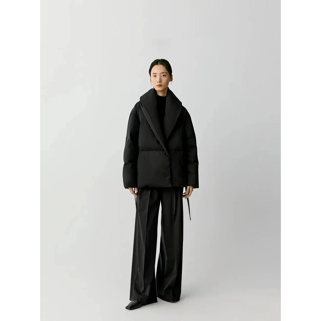 JUNJJ【雨笛悠悠】鹅绒服冬季新款精纺羊毛羽绒服黑色女装羽绒服