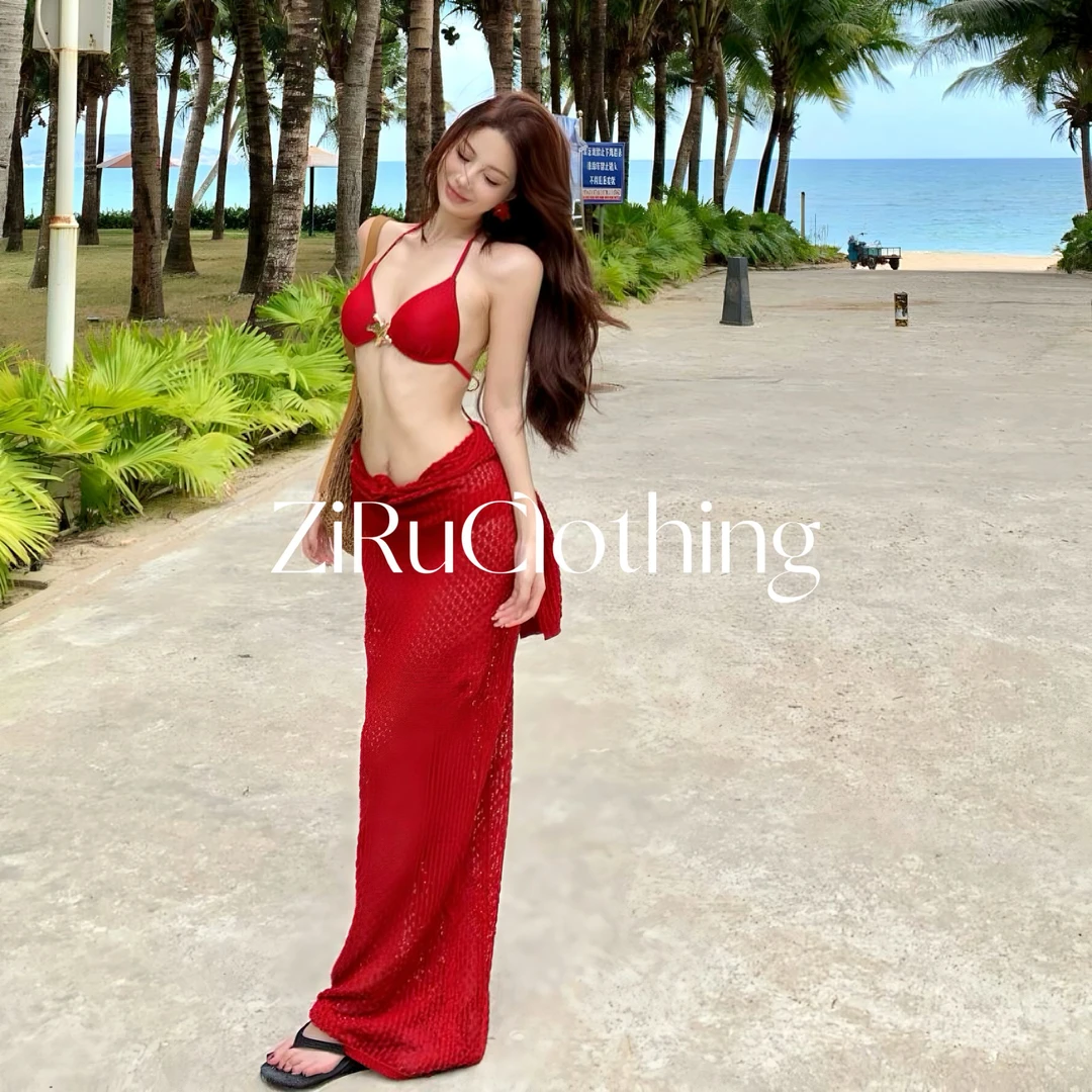 ZiRu【红色海王】新款红色长裙沙滩海岛度假高级质感性感泳衣比基尼
