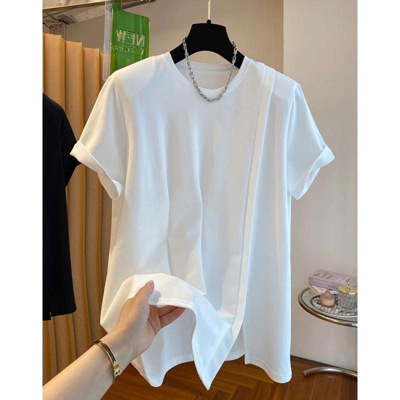 别致不规则开叉t恤女短袖2025新款宽松显瘦带垫肩圆领打底衫上衣