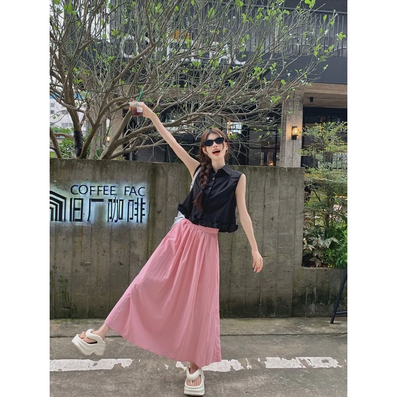 法式Polo领花苞衬衫高腰显瘦A字半身裙chic女夏季新款时尚两件套