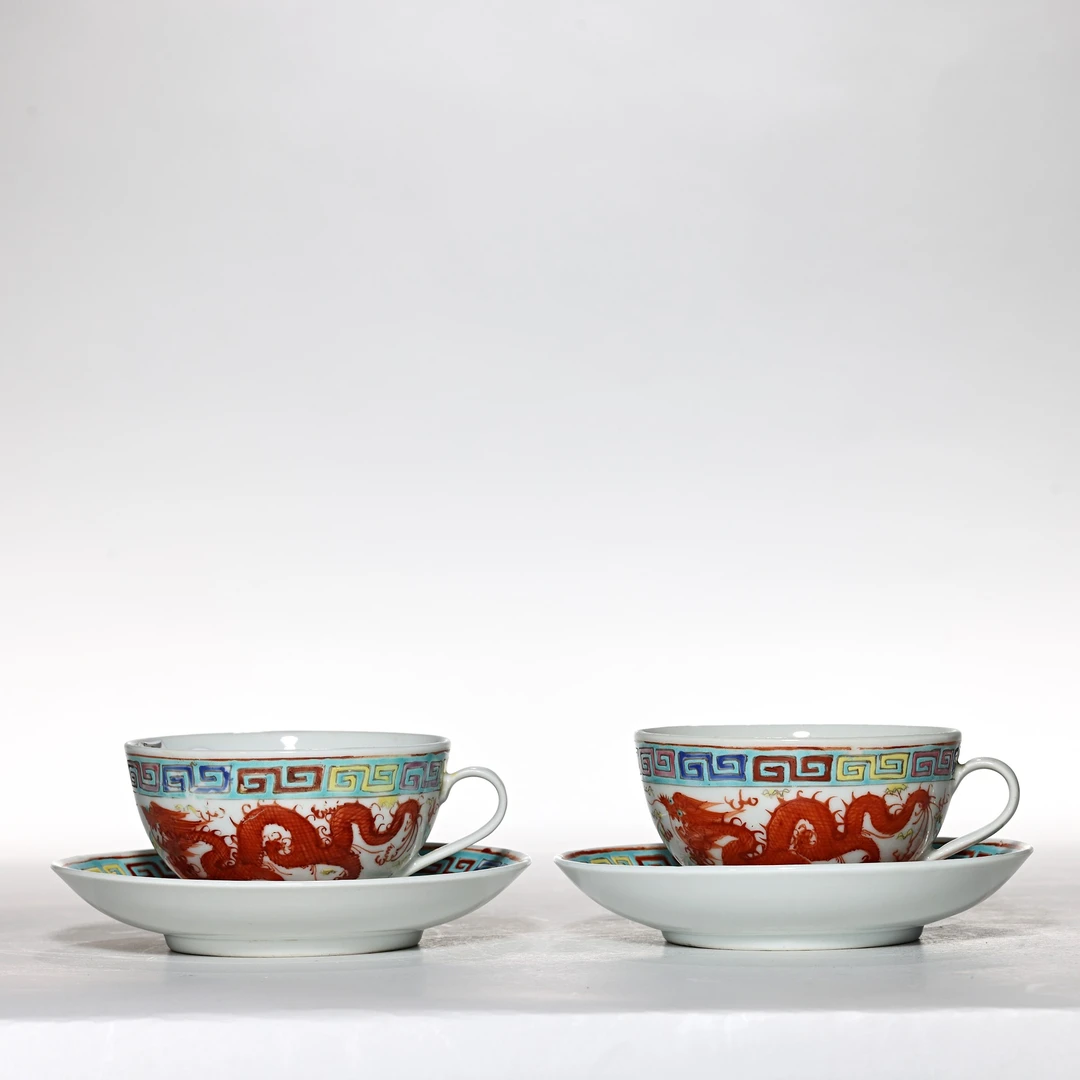 【预展专用】4232清晚期·粉彩龙凤纹杯碟一对