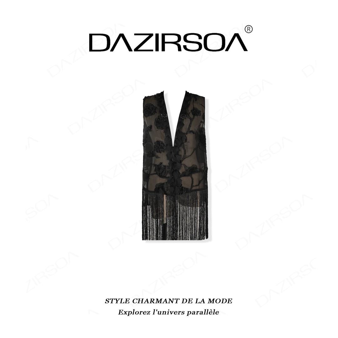 DAZIRSOA/达姿“四时有序”时尚百搭拼接立体盘扣流苏个性马甲 Y603