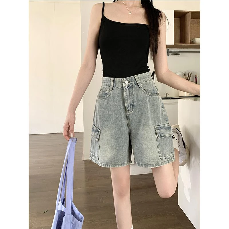 美式复古牛仔短裤女夏季新款高腰显瘦宽松阔腿工装五分裤KX33111