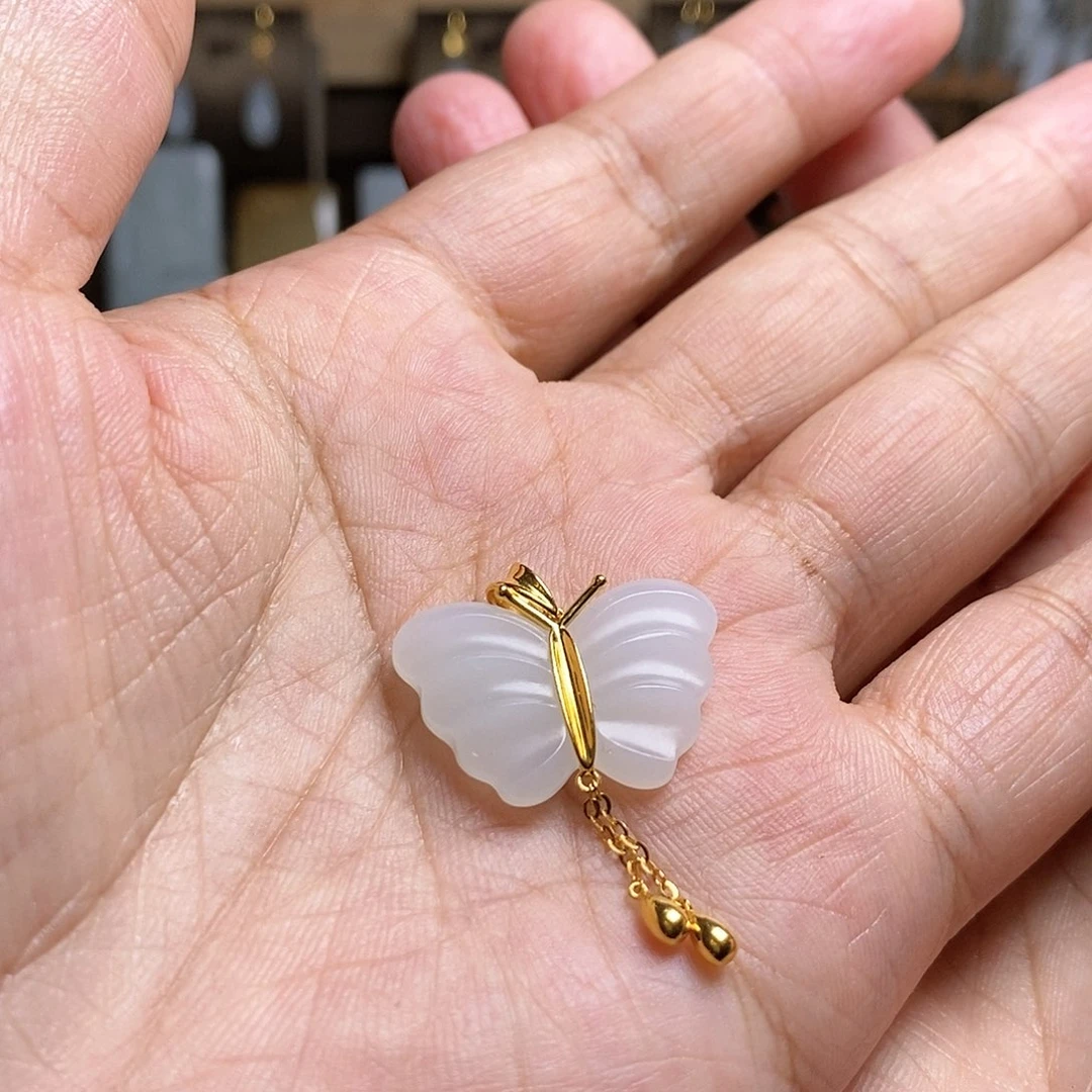 和田玉挂件18K金镶嵌舟*遥