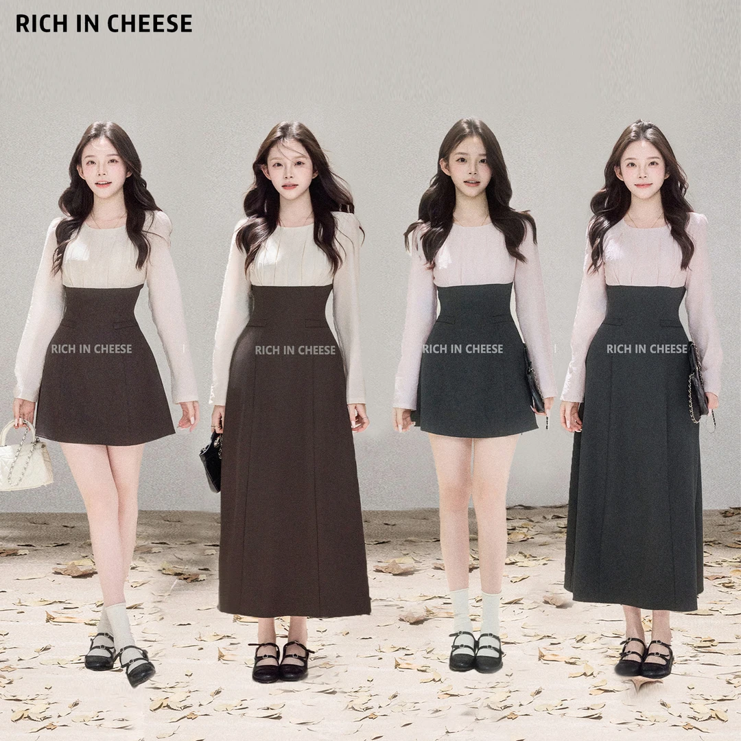 金川川 元英少女【少量现货】 韩系优雅少女感撞色拼接收腰连衣裙