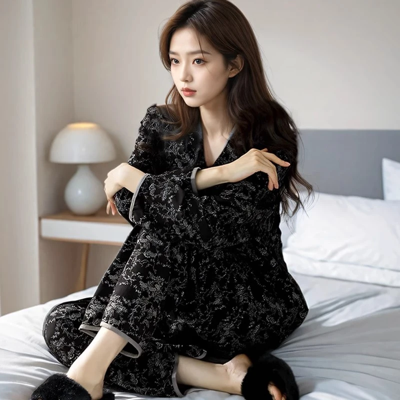 睡衣女春夏季莫代尔冰丝长袖女士家居服春秋款薄款复古风开衫套装