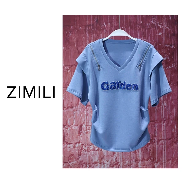 【亮哥女装】2025欧版雾蓝色字母珠片绣休闲时尚短袖8370